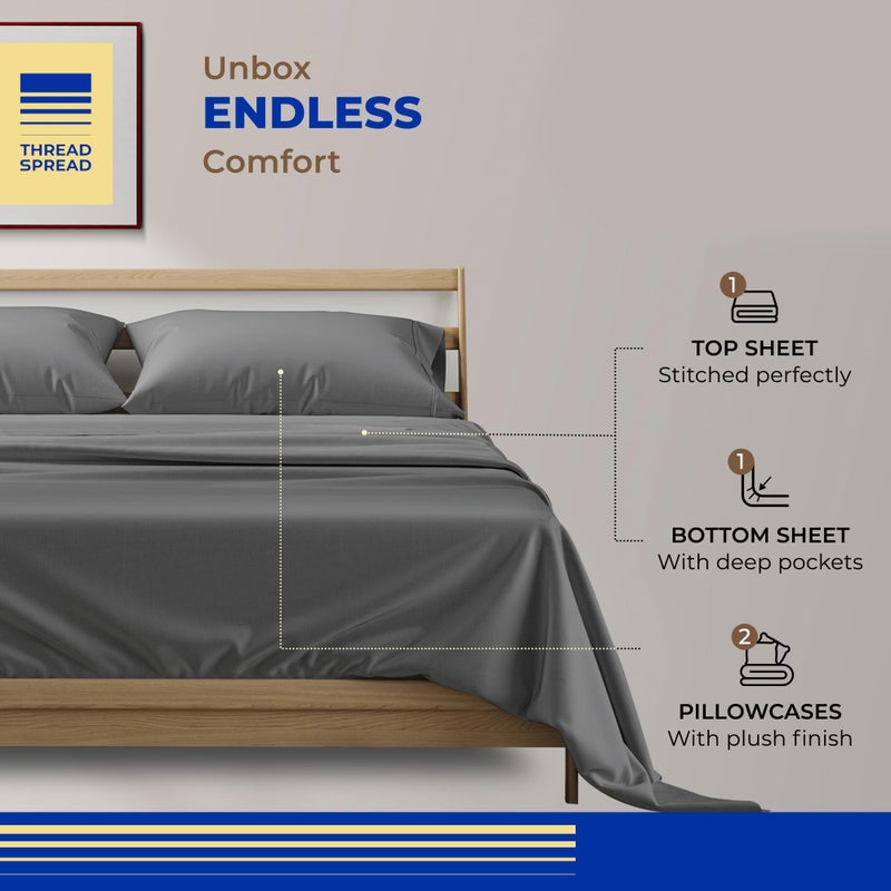 THREAD SPREAD 100% Egyptian Cotton Sheets California King Size - 800 Thread Count 4 PC Luxury Cal King Sheets, 16" Deep Pocket Hotel Sheets, Sateen Weave, Extra Soft Cooling Bed Sheets Set - Dark Grey - Image 3